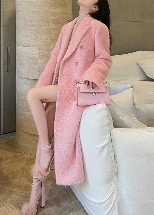 Pink Peter Pan Collar Double Breast Patchwork Woolen Coat Winter