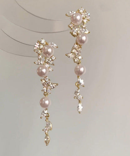 Gold Copper Overgild Pearl Butterfly Tassel Drop Earrings