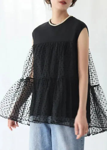 Black Patchwork Tulle Tank Embroideried Sleeveless