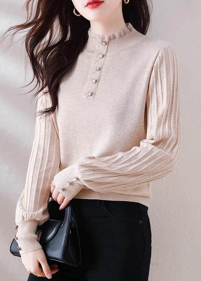 Oatmeal Ruffled Button Patchwork Woolen Sweater Spring