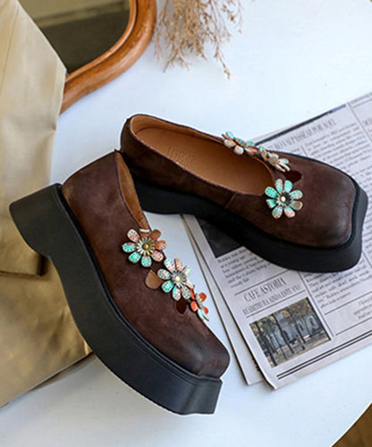 Chocolate Flat Feet Shoes Platform Cowhide Leather Unique Flat Shoes