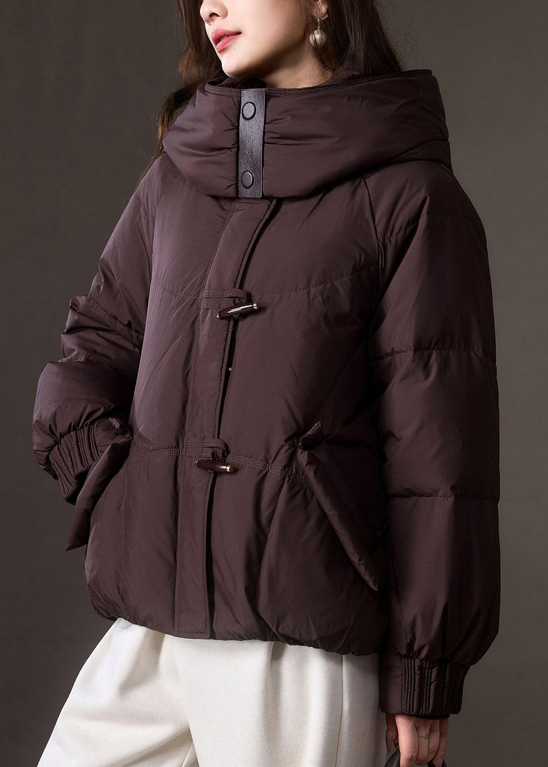 Brown Zippered Pockets Patchwork Hooded Down Coat Winter