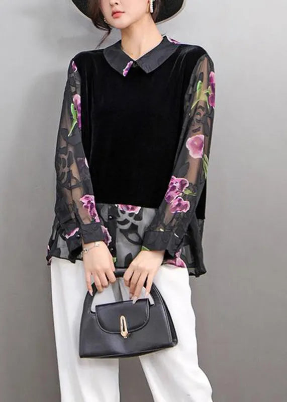 Black Peter Pan Collar Print Fake Two Pieces Silk Velour Shirt Spring