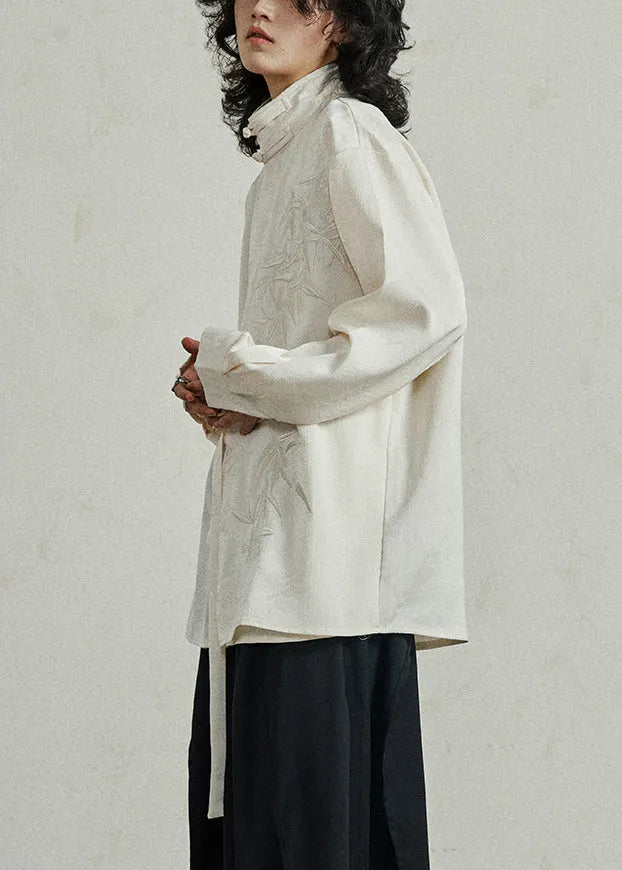 Chinese Style Beige Stand Collar Button Shirt Fall