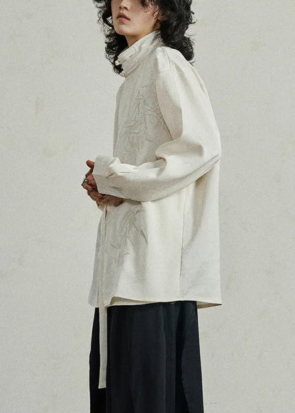Chinese Style Beige Stand Collar Button Shirt Fall
