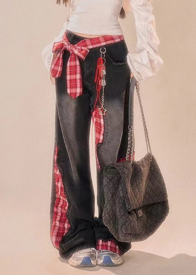 Black Bow Plaid Patchwork Denim Wide Leg Pants Fall