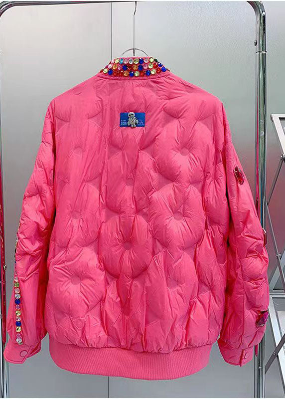 Fitted Rose O-neck Nail Bead Zircon Duck Down Down Coat Winter