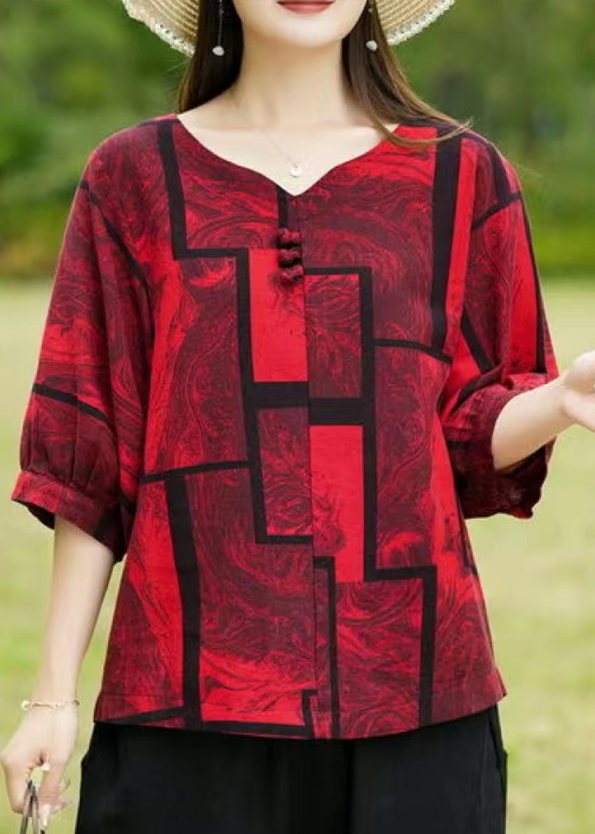 Red Print Patchwork Top Summer