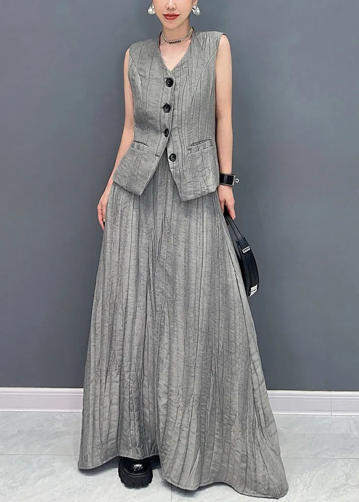 Grey Patchwork Button Top and Maxi Skirts Two Piece Set Summer