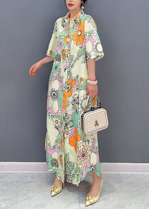 Yellow Patchwork Long Cotton Dresses Peter Pan Collar Summer