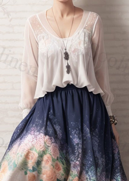French White V Neck Print Patchwork Silk Maxi Dresses Fall