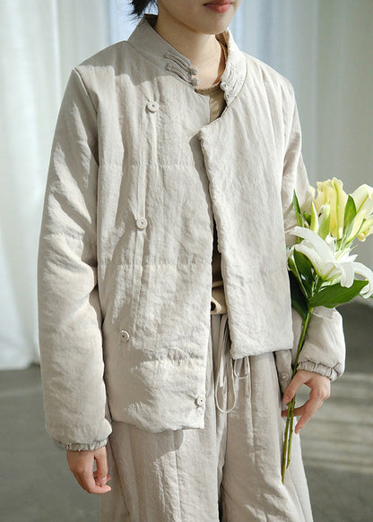 Simple Apricot Stand Collar Button Pockets Fine Cotton Coats Winter