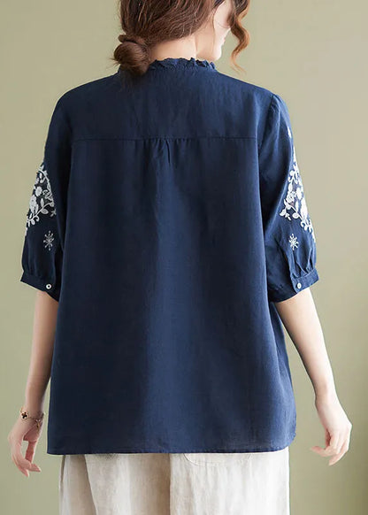 Navy Embroideried Patchwork Wrinkled Linen Shirts Summer