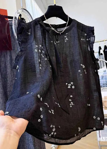 French Black Ruffled Embroidered Cotton Top Summer