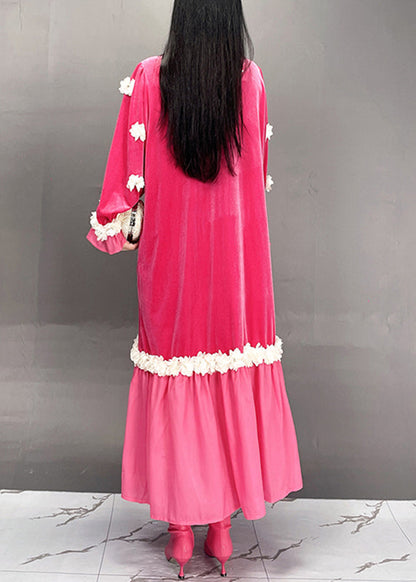Boutique Red O-neck Embroidered Silk Velour Long Dresses Fall