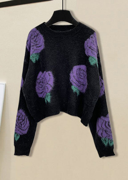 Black Print O-neck Cotton Knit Sweater and Straight Pants Two Pieces Set Spring