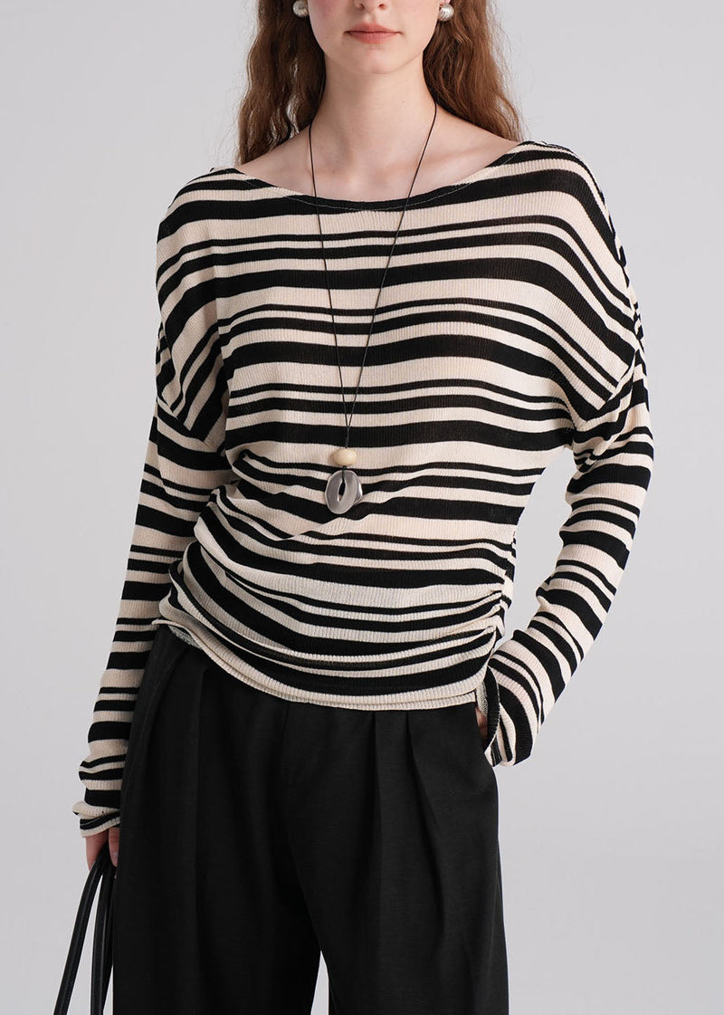 Brown O Neck Striped Knit Blouse Top Fall