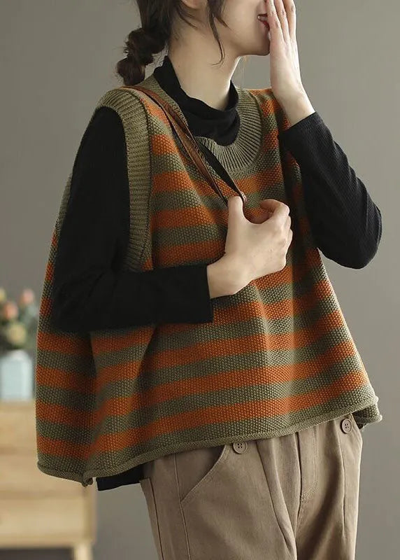 Orange Striped Knit Vest O-neck Oversized Spring