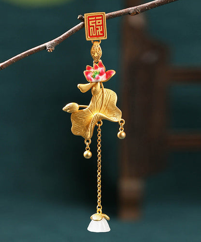 Gold Ancient Gold Jade Lotus Tassel Brooches