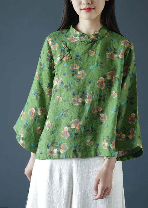 Green Print Mandarin Collar Oriental Button Linen Top Spring
