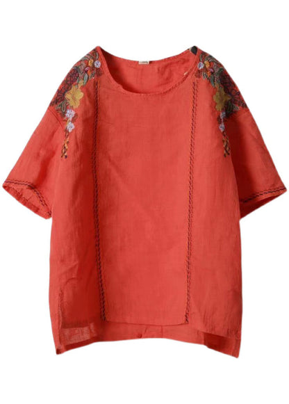 Handmade Red O-neck Embroideried Linen Tank Tops Short Sleeve