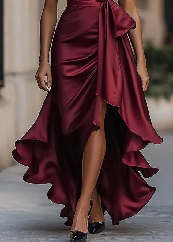 Mulberry Ruffled Asymmetrical Design Silk Dresses Summer