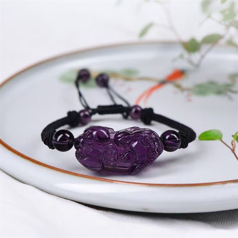 Buddha Stones Natural Obsidian Amethyst Citrine Pixiu Cooper Coin Wealth Bracelet