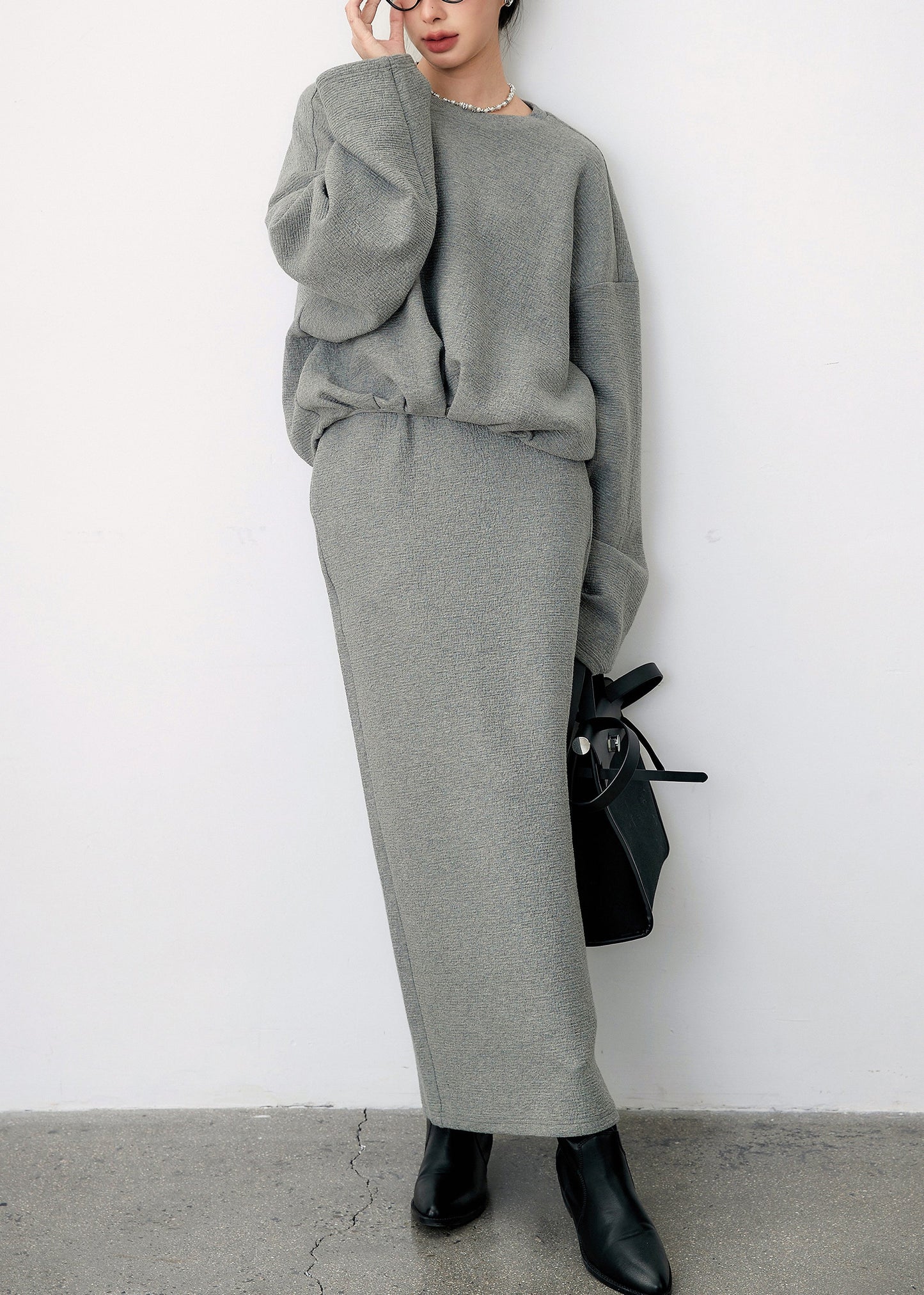 Grey O Neck Side Open Sweatshirt and Skirts Cotton Two Pieces Set Fall