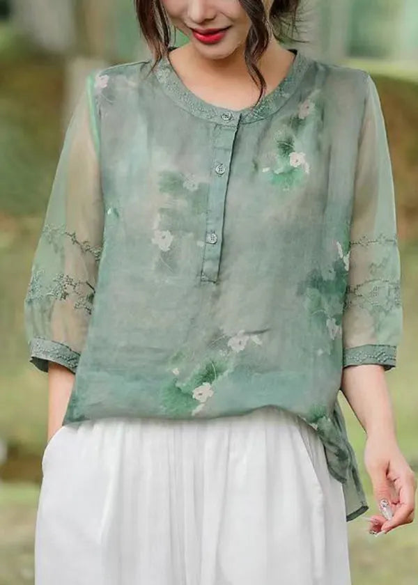 Orange Embroideried Patchwork Print Linen Shirt Top Half Sleeve
