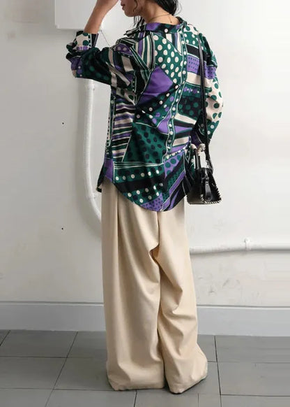 Green Oversized Print Chiffon Shirt Top Fall