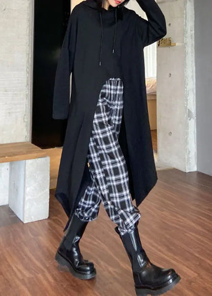 Handmade Black Hooded Drawstring Asymmetrical Design Sweatshirts Top Spring