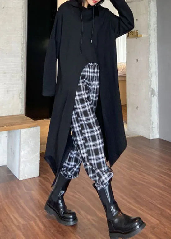 Handmade Black Hooded Drawstring Asymmetrical Design Sweatshirts Top Spring