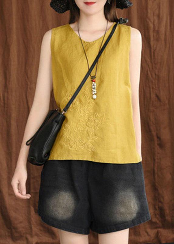 Blue Embroideried Sleeveless Linen Shirt Tops Summer