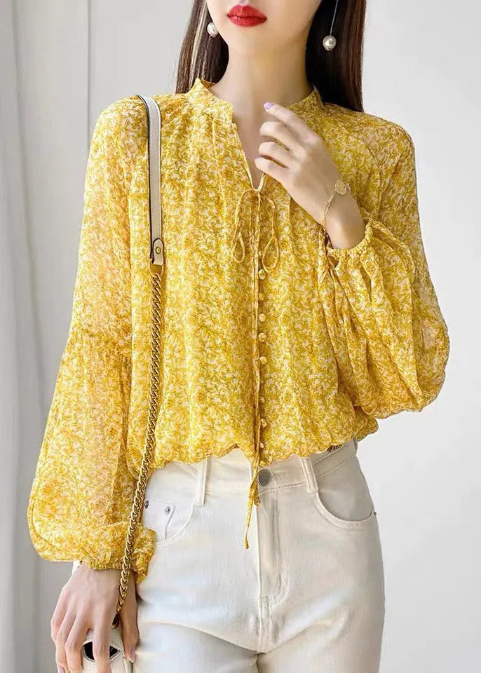 Yellow Stand Collar Print Button Lace Up Chiffon Shirt Long Sleeve