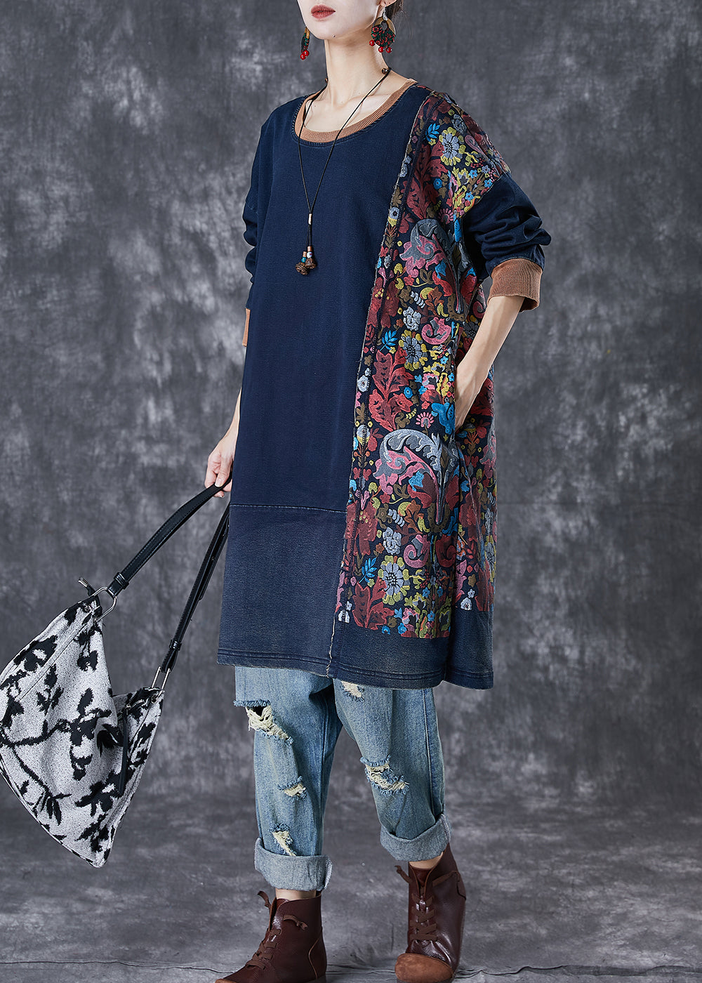 Style Navy Asymmetrical Patchwork Cotton Pullover Dress Fall