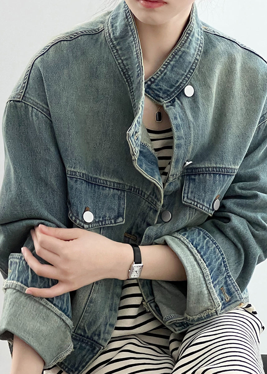Blue Stand Collar Pockets Denim Short Coat Fall