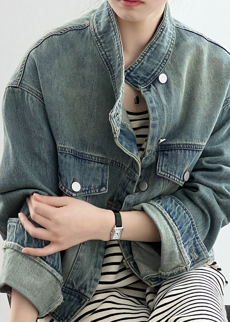 Blue Stand Collar Pockets Denim Short Coat Fall