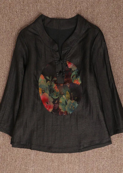 Black O-neck Print Button Silk Top Bracelet Sleeve