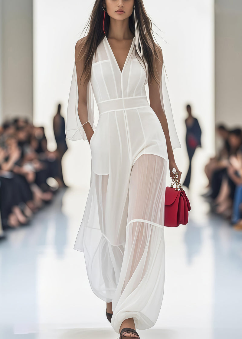 Stylish White V Neck Patchwork Tulle Silm Fit Jumpsuits Summer