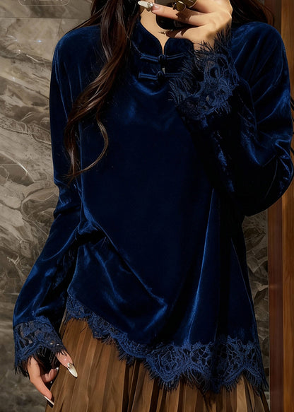 Peacock Blue Mandarin Collar Patchwork Lace Silk Velour Top Spring