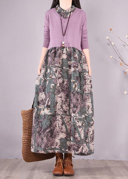 Natural Patchwork Spring Clothes Fabrics Purple Print Loose Dress