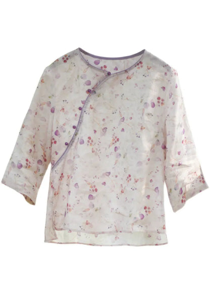 Light Purple O-neck Button Print Linen Blouse Top Spring
