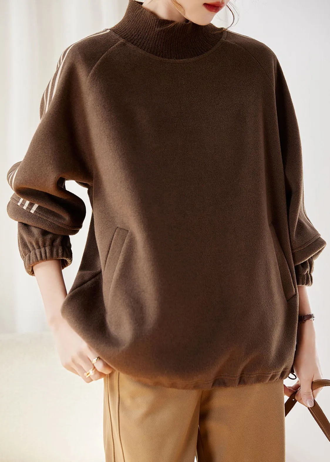 Khaki Striped Patchwork Drawstring Thick Pullover Fall
