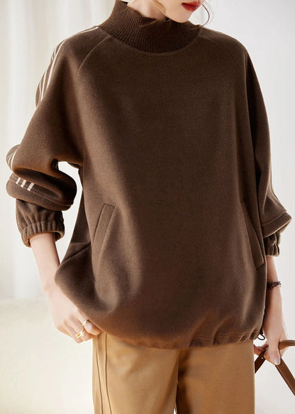 Khaki Striped Patchwork Drawstring Thick Pullover Fall