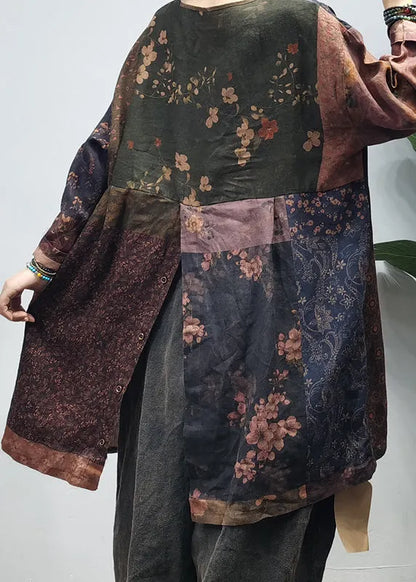 Chocolate O-neck Side Open Print Patchwork Linen Tops Long Sleeve Spring