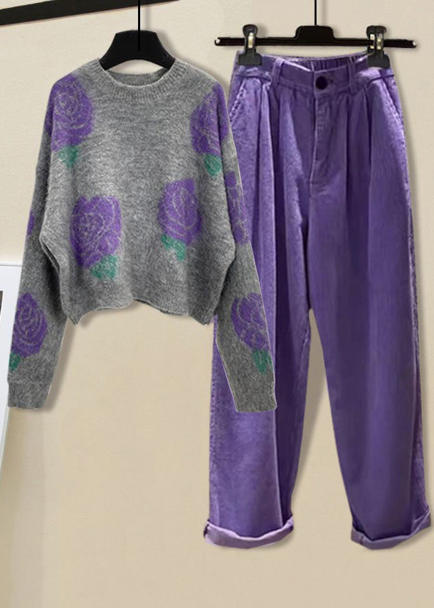 Black Print O-neck Cotton Knit Sweater and Straight Pants Two Pieces Set Spring
