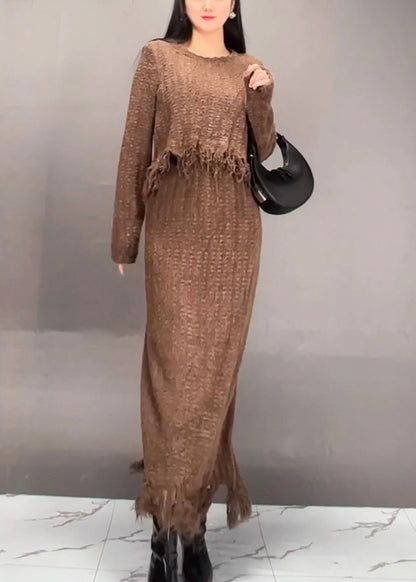 Stylish Brown O-neck Asymmetrical Tassel Top and Maxi Skirts Two Pieces Set Fall