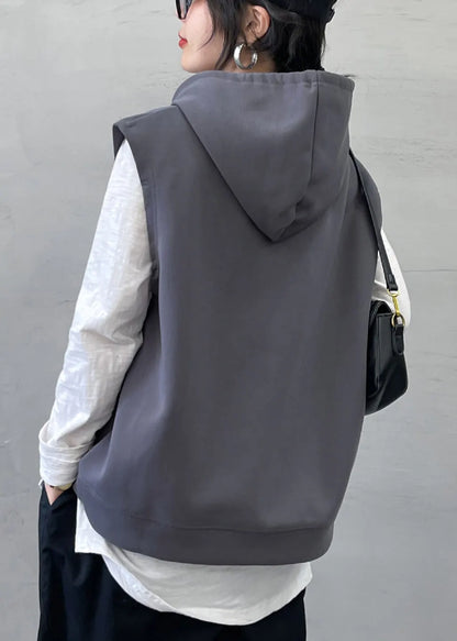 Modern Grey Drawstring Cotton Pullover Vest Sleeveless