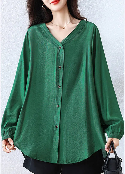 Tea Green Cotton Shirt V Neck Oversized Fall