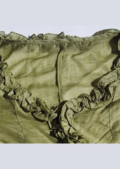 French Green Ruffled V Neck Chiffon Tops Spring